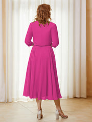 Robe de A-ligne en Mousseline et Dentelle à Col Illusion Longueur de Mollet Fuchsia Grande Taille