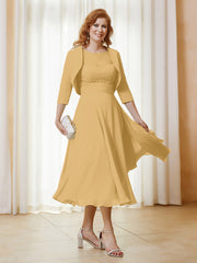 Robe de A-ligne en Mousseline et Dentelle à Col Illusion Longueur de Mollet Or
