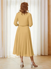 Robe de A-ligne en Mousseline et Dentelle à Col Illusion Longueur de Mollet Or
