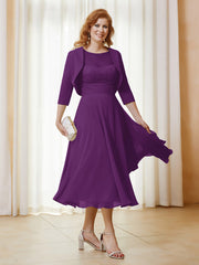 Robe de A-ligne en Mousseline et Dentelle à Col Illusion Longueur de Mollet Raisin Grande Taille