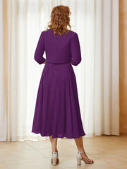 Robe de A-ligne en Mousseline et Dentelle à Col Illusion Longueur de Mollet Raisin Grande Taille