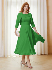 Robe de A-ligne en Mousseline et Dentelle à Col Illusion Longueur de Mollet Vert