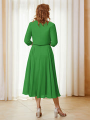 Robe de A-ligne en Mousseline et Dentelle à Col Illusion Longueur de Mollet Vert Grande Taille