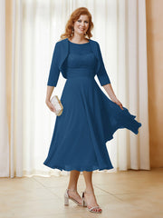 Robe de A-ligne en Mousseline et Dentelle à Col Illusion Longueur de Mollet Bleu Encre Grande Taille