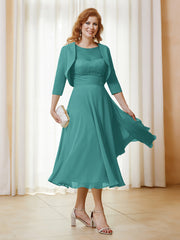 Robe de A-ligne en Mousseline et Dentelle à Col Illusion Longueur de Mollet Jade Grande Taille