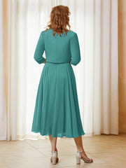 Robe de A-ligne en Mousseline et Dentelle à Col Illusion Longueur de Mollet Jade