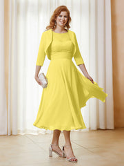 Robe de A-ligne en Mousseline et Dentelle à Col Illusion Longueur de Mollet Citron Grande Taille