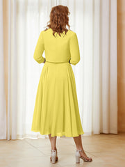 Robe de A-ligne en Mousseline et Dentelle à Col Illusion Longueur de Mollet Citron