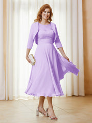 Robe de A-ligne en Mousseline et Dentelle à Col Illusion Longueur de Mollet Lilas