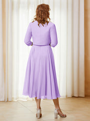 Robe de A-ligne en Mousseline et Dentelle à Col Illusion Longueur de Mollet Lilas Grande Taille