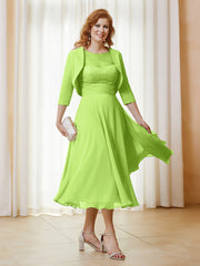 Robe de A-ligne en Mousseline et Dentelle à Col Illusion Longueur de Mollet Vert Citron