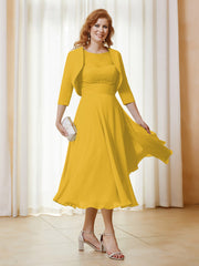 Robe de A-ligne en Mousseline et Dentelle à Col Illusion Longueur de Mollet Souci