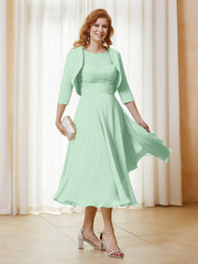 Robe de A-ligne en Mousseline et Dentelle à Col Illusion Longueur de Mollet Vert Menthe