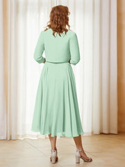 Robe de A-ligne en Mousseline et Dentelle à Col Illusion Longueur de Mollet Vert Menthe