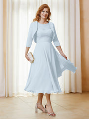 Robe de A-ligne en Mousseline et Dentelle à Col Illusion Longueur de Mollet Brume