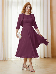 Robe de A-ligne en Mousseline et Dentelle à Col Illusion Longueur de Mollet Mûre Grande Taille