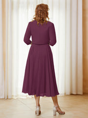 Robe de A-ligne en Mousseline et Dentelle à Col Illusion Longueur de Mollet Mûre Grande Taille