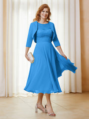 Robe de A-ligne en Mousseline et Dentelle à Col Illusion Longueur de Mollet Bleu Océan Grande Taille