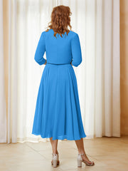 Robe de A-ligne en Mousseline et Dentelle à Col Illusion Longueur de Mollet Bleu Océan Grande Taille