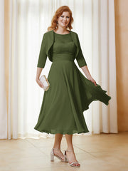 Robe de A-ligne en Mousseline et Dentelle à Col Illusion Longueur de Mollet Olive Verte Grande Taille