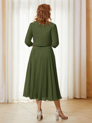 Robe de A-ligne en Mousseline et Dentelle à Col Illusion Longueur de Mollet Olive Verte