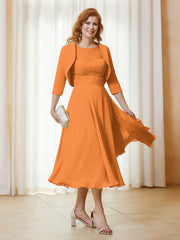 Robe de A-ligne en Mousseline et Dentelle à Col Illusion Longueur de Mollet Orange Grande Taille