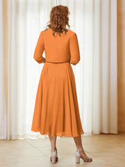 Robe de A-ligne en Mousseline et Dentelle à Col Illusion Longueur de Mollet Orange Grande Taille