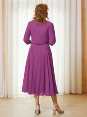 Robe de A-ligne en Mousseline et Dentelle à Col Illusion Longueur de Mollet Orchidee Grande Taille