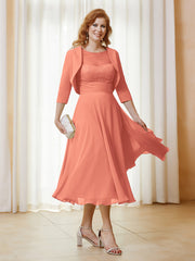 Robe de A-ligne en Mousseline et Dentelle à Col Illusion Longueur de Mollet Papaye Grande Taille