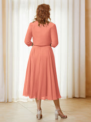 Robe de A-ligne en Mousseline et Dentelle à Col Illusion Longueur de Mollet Papaye Grande Taille