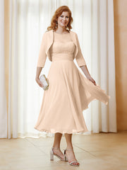 Robe de A-ligne en Mousseline et Dentelle à Col Illusion Longueur de Mollet Pêche Grande Taille