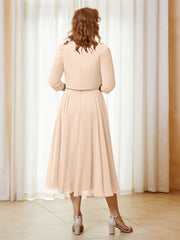 Robe de A-ligne en Mousseline et Dentelle à Col Illusion Longueur de Mollet Pêche