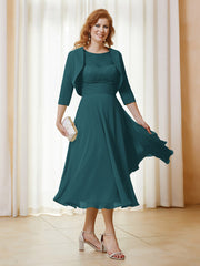 Robe de A-ligne en Mousseline et Dentelle à Col Illusion Longueur de Mollet Paon Grande Taille