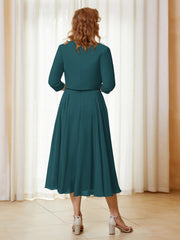 Robe de A-ligne en Mousseline et Dentelle à Col Illusion Longueur de Mollet Paon Grande Taille