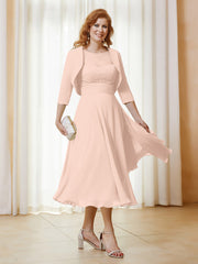 Robe de A-ligne en Mousseline et Dentelle à Col Illusion Longueur de Mollet Rose Perle