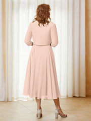 Robe de A-ligne en Mousseline et Dentelle à Col Illusion Longueur de Mollet Rose Perle
