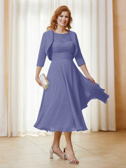 Robe de A-ligne en Mousseline et Dentelle à Col Illusion Longueur de Mollet Pervenche