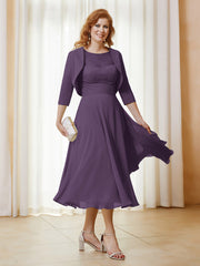 Robe de A-ligne en Mousseline et Dentelle à Col Illusion Longueur de Mollet Plum Grande Taille