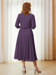 Robe de A-ligne en Mousseline et Dentelle à Col Illusion Longueur de Mollet Plum