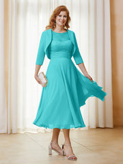 Robe de A-ligne en Mousseline et Dentelle à Col Illusion Longueur de Mollet Piscine Grande Taille