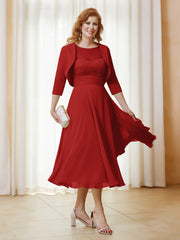 Robe de A-ligne en Mousseline et Dentelle à Col Illusion Longueur de Mollet Rouge Grande Taille