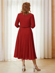 Robe de A-ligne en Mousseline et Dentelle à Col Illusion Longueur de Mollet Rouge Grande Taille