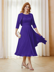 Robe de A-ligne en Mousseline et Dentelle à Col Illusion Longueur de Mollet Régence