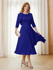 Robe de A-ligne en Mousseline et Dentelle à Col Illusion Longueur de Mollet Bleu Royale Grande Taille