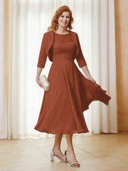 Robe de A-ligne en Mousseline et Dentelle à Col Illusion Longueur de Mollet Rouille Grande Taille