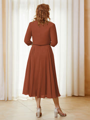 Robe de A-ligne en Mousseline et Dentelle à Col Illusion Longueur de Mollet Rouille Grande Taille