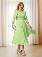 Robe de A-ligne en Mousseline et Dentelle à Col Illusion Longueur de Mollet Sauge