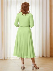 Robe de A-ligne en Mousseline et Dentelle à Col Illusion Longueur de Mollet Sauge