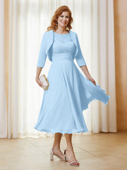 Robe de A-ligne en Mousseline et Dentelle à Col Illusion Longueur de Mollet Bleu Ciel