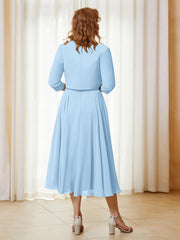 Robe de A-ligne en Mousseline et Dentelle à Col Illusion Longueur de Mollet Bleu Ciel Grande Taille